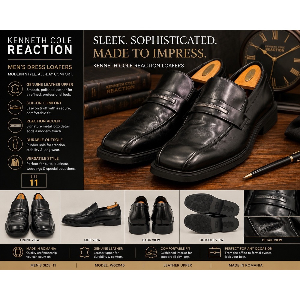Kenneth Cole Reaction Men's Black Leather Penny Loafers Dress Shoes Size 11